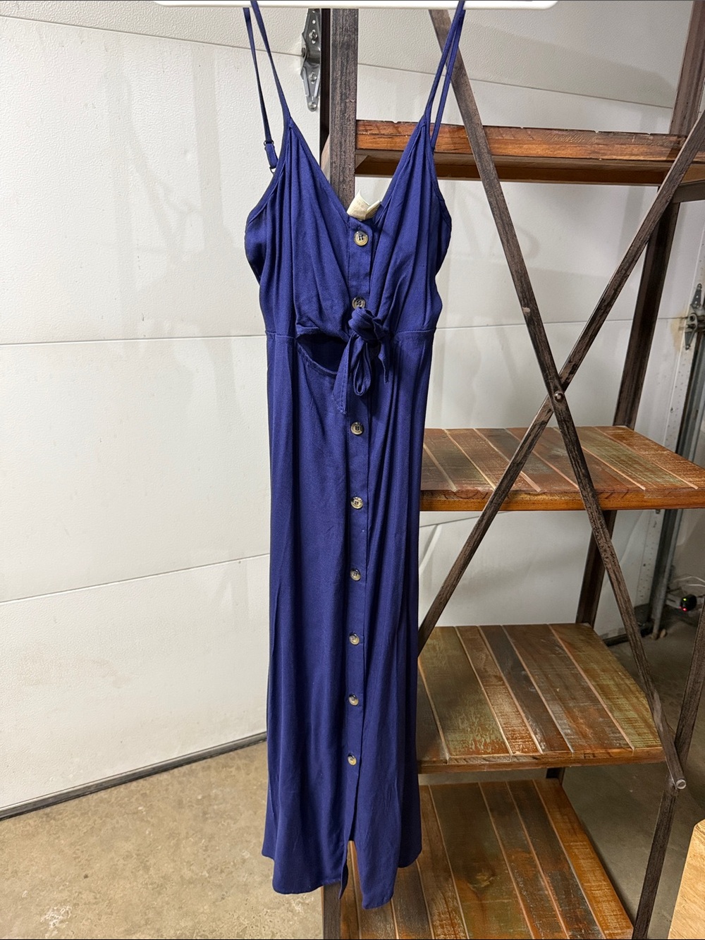 Navy Blue Button-Front Maxi Dress with Tie Waist
